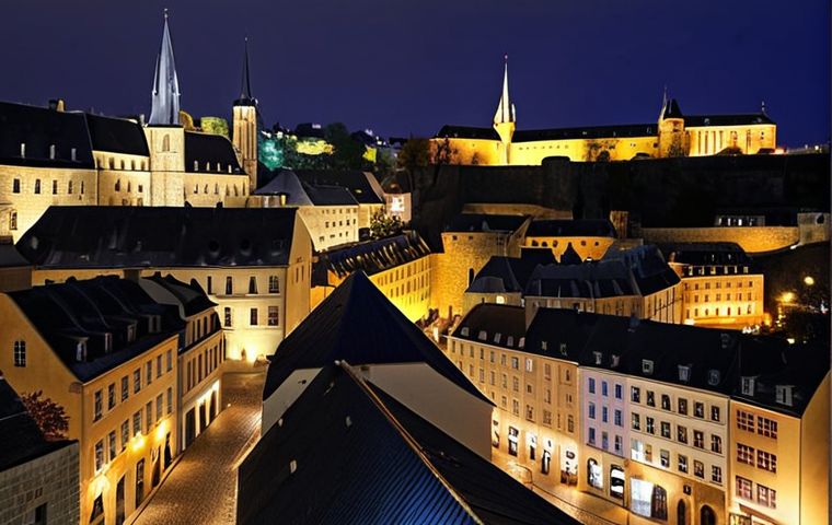 **
Prompt: A vibrant cityscape of Luxembourg, blending modern architecture with historic buildings. Focus on the illuminated night view of the old town, showcasing the blend of sophistication and history. Capture the charm of narrow streets and the panoramic views from the Bock Casemates.
**