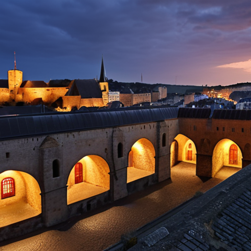 **

>Bock Casemates, Luxembourg. Explore the historic underground fortress with winding tunnels and hidden viewpoints. Capture the blend of history and stunning cityscape views with red rooftops under a twilight sky. Atmospheric lighting, slightly desaturated colors.

**