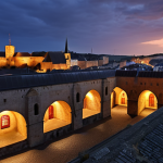 **

>Bock Casemates, Luxembourg. Explore the historic underground fortress with winding tunnels and hidden viewpoints. Capture the blend of history and stunning cityscape views with red rooftops under a twilight sky. Atmospheric lighting, slightly desaturated colors.

**