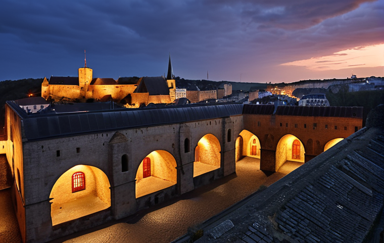 **
>Bock Casemates, Luxembourg. Explore the historic underground fortress with winding tunnels and hidden viewpoints. Capture the blend of history and stunning cityscape views with red rooftops under a twilight sky. Atmospheric lighting, slightly desaturated colors.
**