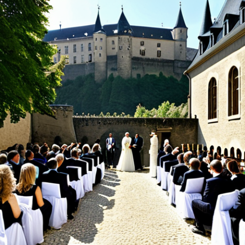 Home 8 Castle Wedding Ceremony**
"A joyous wedding ceremony taking place in the courtyard of a beautifully preserved medieval castle in Luxembourg. The bride is wearing a modest, elegant white gown with delicate lace details, and the groom is in a classic, tailored suit. Guests are seated in rows, all fully clothed in appropriate attire, smiling and celebrating. Sunlight streams through the castle walls, illuminating the scene. In the background, Luxembourg's rolling hills are visible. perfect anatomy, correct proportions, natural pose, well-formed hands, proper finger count, natural body proportions, professional photography, high quality, safe for work, appropriate content, fully clothed, professional, family-friendly."
**