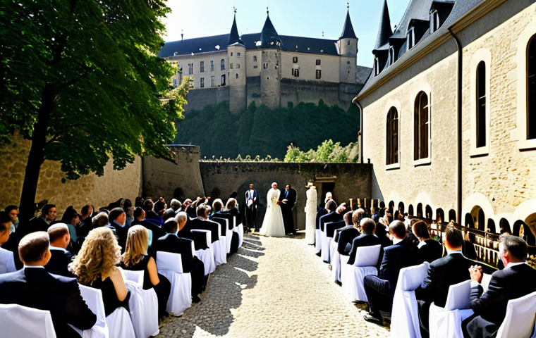 Castle Wedding Ceremony**
"A joyous wedding ceremony taking place in the courtyard of a beautifully preserved medieval castle in Luxembourg. The bride is wearing a modest, elegant white gown with delicate lace details, and the groom is in a classic, tailored suit. Guests are seated in rows, all fully clothed in appropriate attire, smiling and celebrating. Sunlight streams through the castle walls, illuminating the scene. In the background, Luxembourg's rolling hills are visible. perfect anatomy, correct proportions, natural pose, well-formed hands, proper finger count, natural body proportions, professional photography, high quality, safe for work, appropriate content, fully clothed, professional, family-friendly."
**