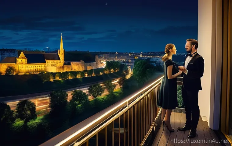 룩셈부르크 숙박 추천 - A sophisticated couple, dressed in elegant evening attire, is enjoying a panoramic night view of Lux...