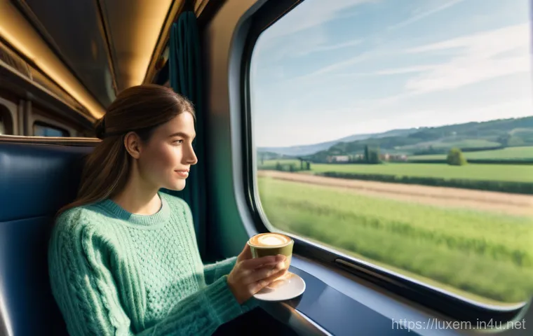 룩셈부르크에서 프랑스로 가는 방법 - A cinematic shot from inside a modern high-speed TGV train, looking out a large window. The train is...